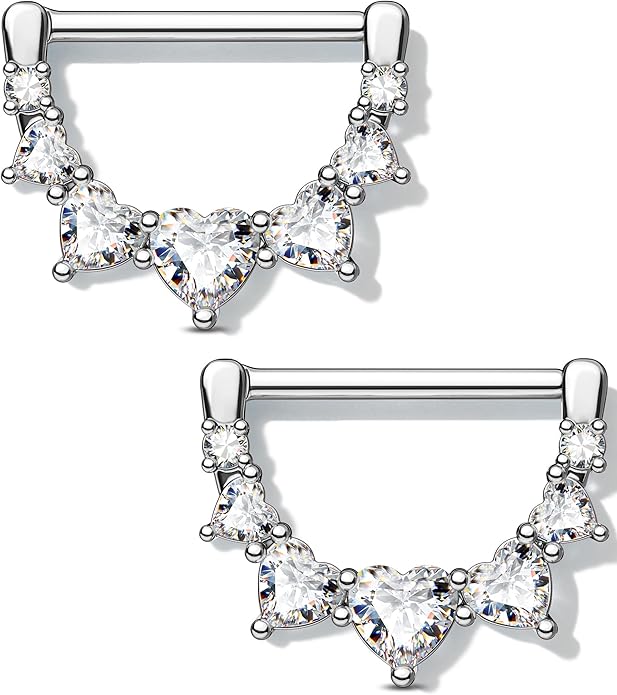 Melighting 2pcs 14G Nipple Rings Surgial Steel 316L Piercing Jewelry Shiny Heart Clear CZ Nipple Bars Rose Gold 14mm