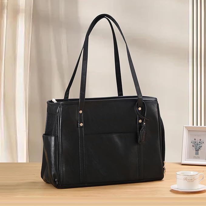 Fashion Dog Carrier Purse, Premium Leather Cat Carrier Bag, Airline Approved Soft Sided Pet Travel Tote Bag with Pockets Black-PurrikoPets