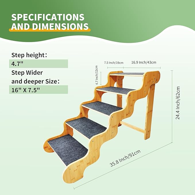 Dog Steps for Bed,24 Inches 5 Step Dog Stairs for Senior Pets to Get On 30 Inches High Beds/Car,Made of Bamboo Can Support Large Dogs Weighing Up to 160 LB-PurrikoPets