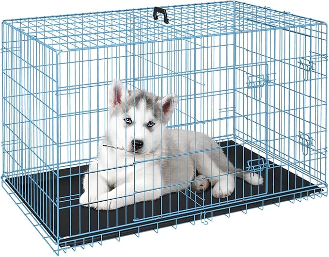 FDW Dog Crate for Small Dogs 24 Inch Folding Metal WirePet Cage Double Door W/Divider Panel Indoor Outdoor Kennel Leak-Proof Plastic Tray,Blue-PurrikoPets