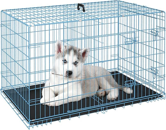 FDW Dog Crate for Small Dogs 24 Inch Folding Metal WirePet Cage Double Door W/Divider Panel Indoor Outdoor Kennel Leak-Proof Plastic Tray,Blue-PurrikoPets