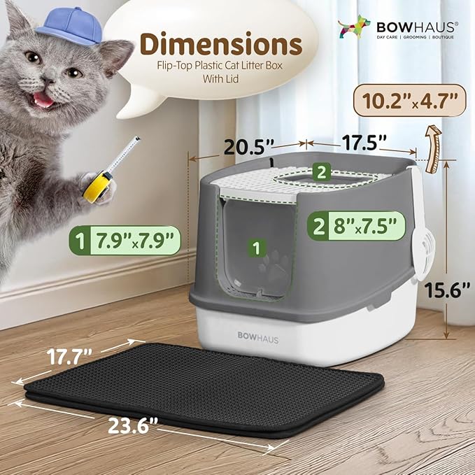 Fully Enclosed Cat Litter Box w/Lid, Scoop, Cat Mat & Odor Fitter, Large Plastic Cat Toilet with Double Door, Anti-Splashing Cat Litter Box with Lockable Front Door, Dark Grey-PurrikoPets