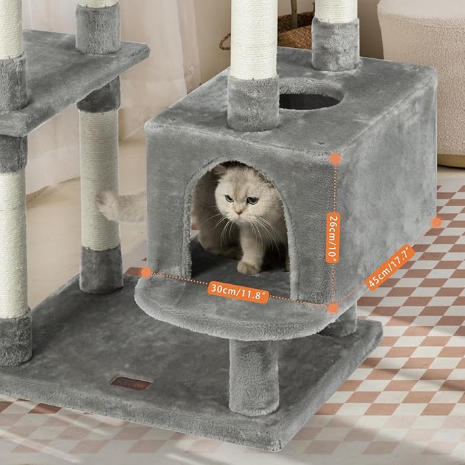 73 inches Large Cat Tree for Indoor Cats, Tall Cat Tower with Sisal Scratching Posts and Pads, Padded Plush Perch, Cozy Basket, Plush Condo for Large Cats (Grey)-PurrikoPets