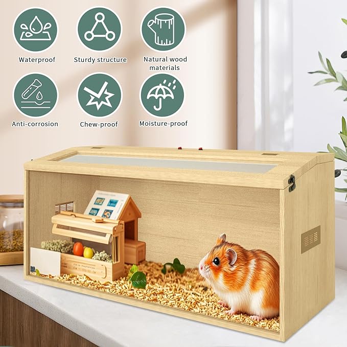 32" Hamster Habitat Enclosure, Top Opening Lockable Roof Door, Gerbil Dwarf Hamster Cage with Hygrometer, Chewproof Syrian Hamster Cage for Mice, Small Animal, (Wooden, 32" L x 16" W x 16" H)-PurrikoPets