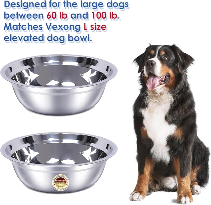 2 Pack, L Size Bowls, Matches Vexong L Size Elevated Dog Bowl Stand, for Dogs Between 60 and 100 lb, Stainless Steel Dog Bowl, Capacity 0.8 Gal / 12.5 Cup / 106 Oz / 3 Liter, Rustproof, Durable,-PurrikoPets
