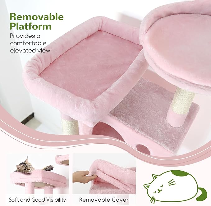 Globlazer Pink Cat Tree, 70 inch Tall Scratching Tower Multi-Level Cat Condo for Indoor Multiple Cats with 2 Large Cat Caves, Top Perch, Large Platform, Bottom Swing, F70B, Pink-PurrikoPets