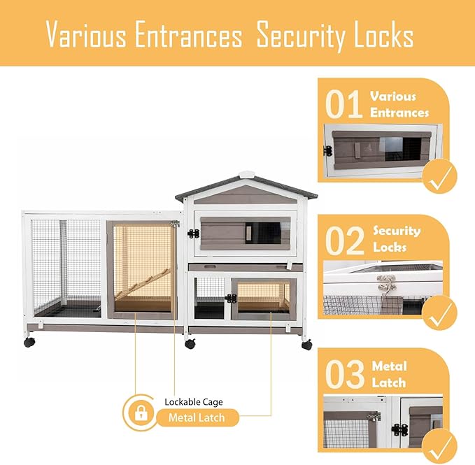 57" L Rabbit Hutch Indoor Outdoor 2 Story Large Bunny Hutch with Run Guinea Pig Cage Wooden Rabbit Cage with Removable 3 Pull Out Trays Pet House for Small-Medium Animals-PurrikoPets