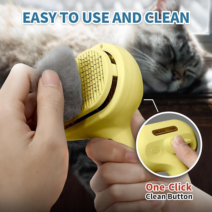 3 In 1 Self-Cleaning Steamy Brush for Pet Grooming - Anti-Static Flying Hair Spray, Removes Loose Hair and Reduces Shedding for Long and Short Fur, Yellow-PurrikoPets