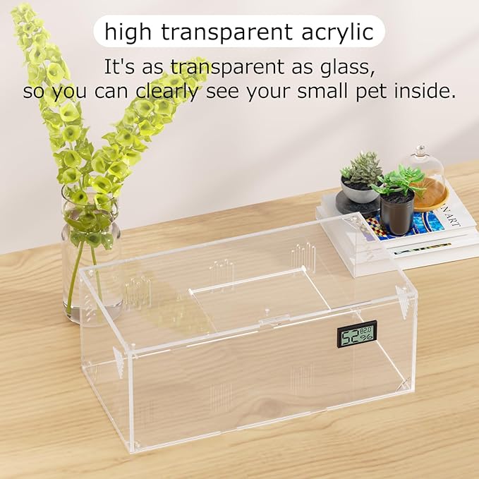 Acrylic Tarantula Enclosure, Reptile Terrarium Breeding Tank w/Temperature Hygrometer,Habitat Reptiles Feeding Box Isopod Terrarium Cage for Insect Lizard Home Office (Reptile-Tank-L(No Tray))-PurrikoPets