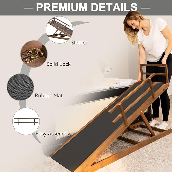 ABORON Dog Ramp,Adjustable Folding Pet Ramp for Bed,Couch,SUV - High Traction Portable Rubber Paw Ramps,Great for Small & Large Old Dogs & Cats, Supports up to 200 lbs,55''Long-PurrikoPets