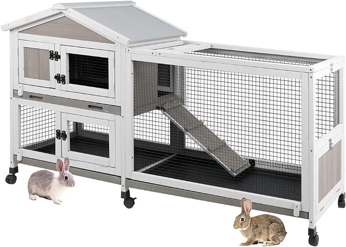 2-Tier Rabbit Hutch with Wheels, Indoor & Outdoor Small Animal Cage with Deep Pull-Out Tray, Anti-Chew Frame, Habitat for Bunny, Guinea Pig, Chinchilla (60" L x 19" W x 35" H)-PurrikoPets