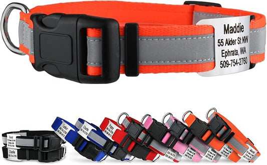 GoTags Reflective Personalized Dog Collar with Nameplate, Adjustable Dog Collar with Custom Engraved Steel Slide On Pet ID Tag, Silent, No Noise Dog Tag for Large Medium or Small (Orange, Medium)-PurrikoPets