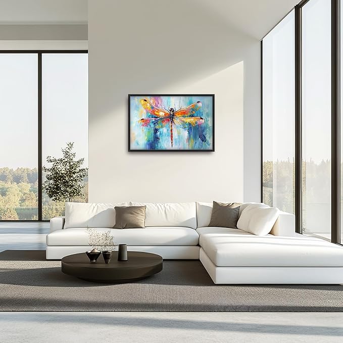 Extra Large Abstract Dragonfly Framed Wall Art for Living Room,Oversized Colorful Dragonfly Pictures Wall Decor,Teal Canvas Print Painting Modern Artwork Bedroom Office Bathroom 36L" x 24W"-PurrikoPets