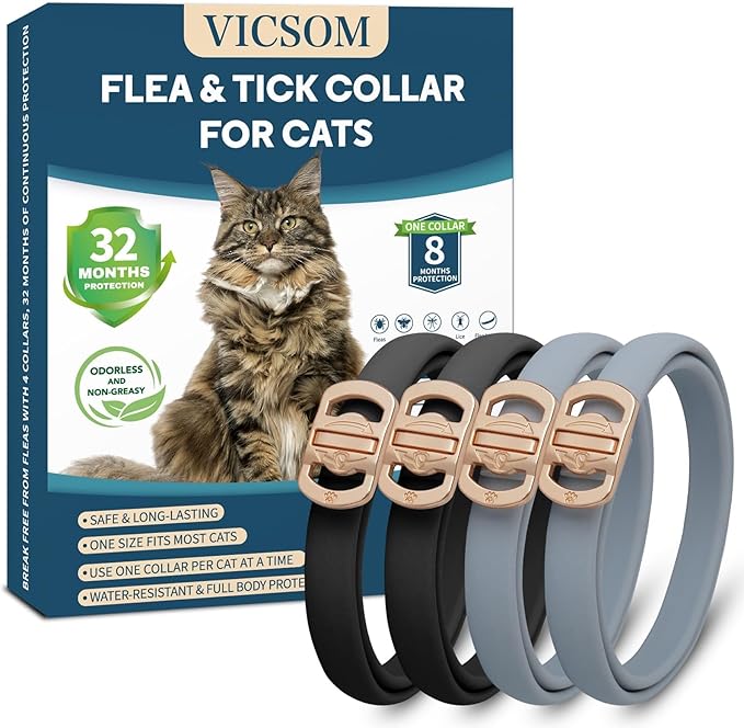 Flea and Tick Collar for Cats - 4 Pack, 32 Month Protection Treatment, Waterproof, Natural Prevention, Adjustable for Cats & Kittens (Black Grey)-PurrikoPets