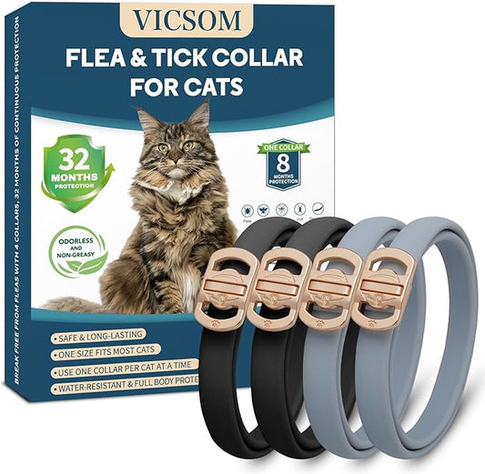 Flea and Tick Collar for Cats - 4 Pack, 32 Month Protection Treatment, Waterproof, Natural Prevention, Adjustable for Cats & Kittens (Black Grey)-PurrikoPets