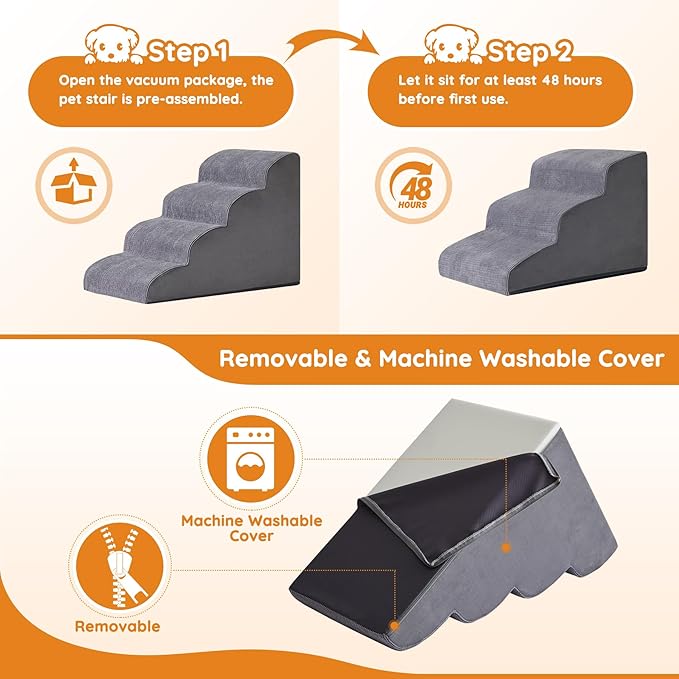 Dogs Steps for Bed, Dog Stairs for Small Dogs, 2-Step Dog Ramp for Bed, Couch, Sofa, and Chairs, Non-Slip Bottom Design, Cat Scratching, High Density Foam Portable Pet Step, Indoor, Grey-PurrikoPets