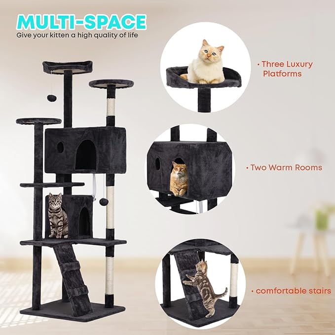 FDW Cat Tree 70in Cat Tower Multi-Level Durable Cat Scratching Post & Cozy Fun Cat Jumping Platform Space Saving Cat Condo Pet Play House for Indoor Cats,Dark Gray-PurrikoPets