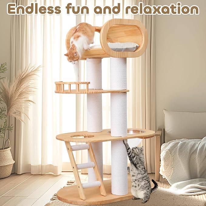 63'' Tall Modern Cat Tree for Indoor Cats, Luxury Cat Tree, Multi-Level Wood Climb Tower for Large Cat, Heavy Duty Kitty House with Transparent Bowl, Large Perches with Removable Cushion-PurrikoPets