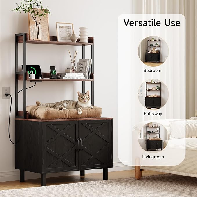 55 Inches Cat Litter Box Enclosure, Hidden Litter Box Furniture with 2 Storage Shelves and Charging Sockets, Wooden Cat House, Large Indoor Cabinet for Living Room & Entryway, Black-PurrikoPets