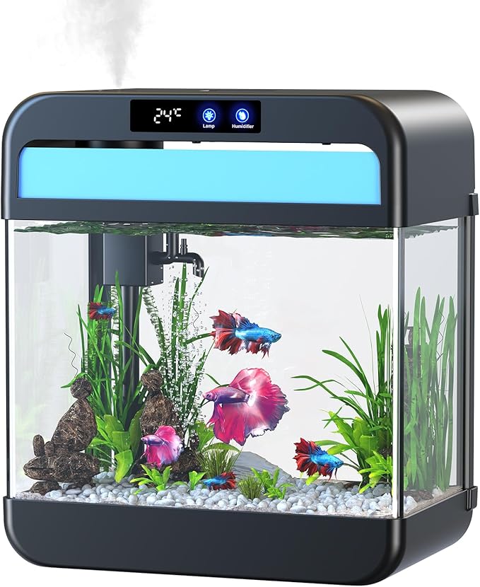 Fish Tank 2.2 Gallon Fish Bowl with Humidifier 7 Color Auto-Looping Light 3 in 1 Quiet Pump with Filteration & Oxygenation & Circulation, Temperature Display, HD Float Glass, Thickened Base-PurrikoPets