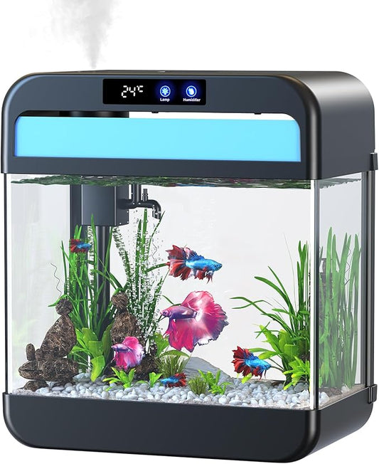 Fish Tank 2.2 Gallon Fish Bowl with Humidifier 7 Color Auto-Looping Light 3 in 1 Quiet Pump with Filteration & Oxygenation & Circulation, Temperature Display, HD Float Glass, Thickened Base-PurrikoPets