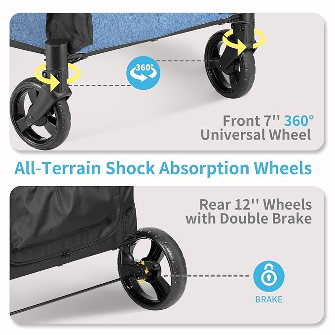 EchoSmile Heavy-Duty Large Dog Stroller with Shock-Absorbing Wheels, Foldable Pet Travel Carrier for Medium & Large Dogs, 5 Mesh Windows, 160 lbs Capacity, Easy Assembly & Storage-PurrikoPets