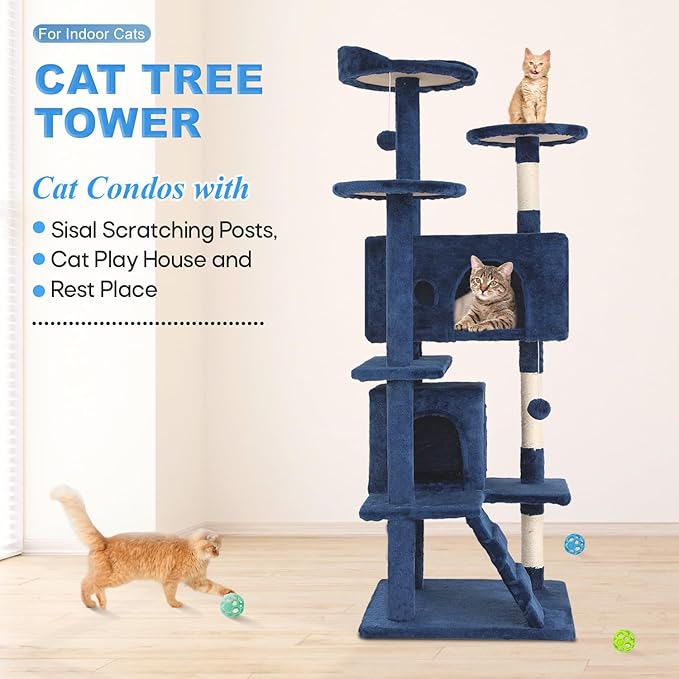 FDW Cat Tree 54in Cat Tower Multi-Level Durable Cat Scratching Post & Cozy Fun Cat Jumping Platform Space Saving Cat Condo Pet Play House for Indoor Cats,Navy Blue-PurrikoPets