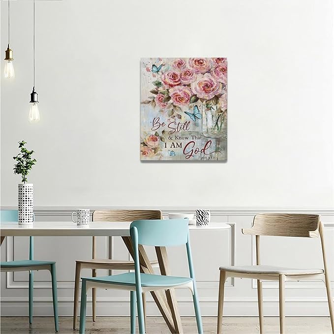 Farmhouse Rose Wall Art Christian Scripture Pictures Pink Rose Wall Decor Rustic Floral Butterfly Canvas Print Painting Artwork for Bathroom Living Room Bedroom 20"x24"-PurrikoPets