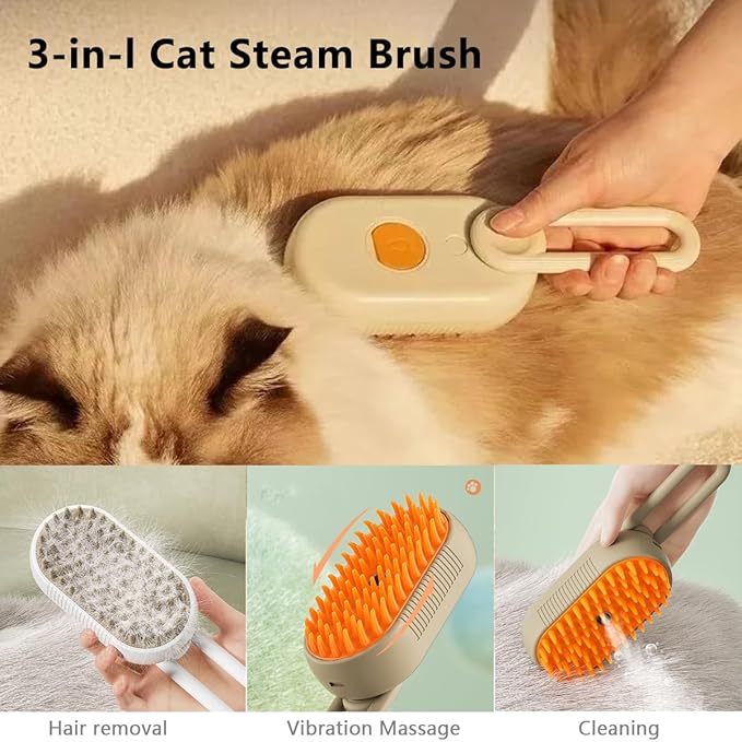3 in 1 Cat Steam Brush, Pet Steam Cats Brushes Rechargeable Anti-Static Grooming Brushe, Vibration Massage Cleaning Shedding & Combing Multifunctional Hair Removal Comb for Cats Dog (Khaki)-PurrikoPets