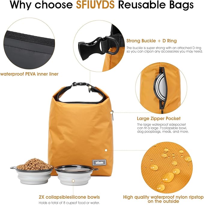 Dog Food Travel Bag w/2PCS Collapsible Dog Travel Bowls,dog food storage container 20 lb(Yellow, Large)-PurrikoPets