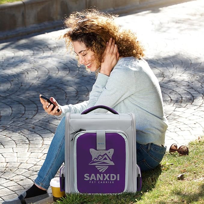 Expandable Pet Backpack, Cat Backpack with Breathable Mesh, Collapsible Soft Cat Travel Bag for Outdoor Hiking, Large Space Dog Backpack(Purple)-PurrikoPets