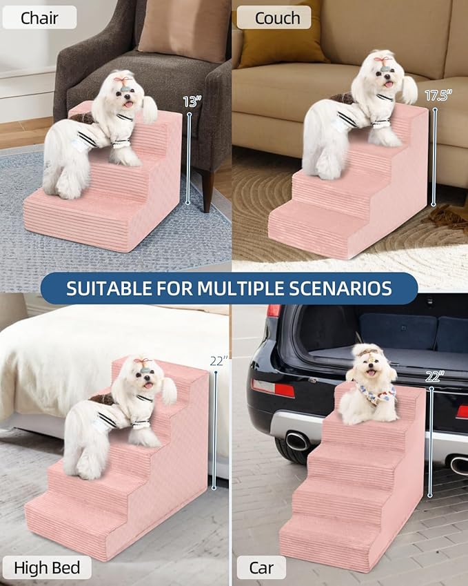 Dog Stairs for Small Dogs,22" H,5-Step Dog Steps for Bed and Couch with High Density Foam,Non-Slip Pet Steps for Doggy and Cat,Pet Stairs with a Washable Cover,Pink-PurrikoPets