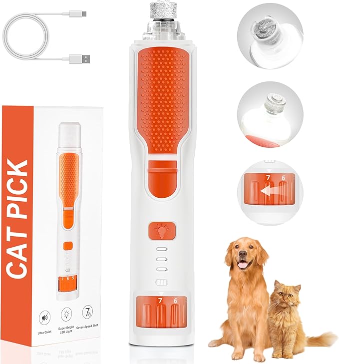 Dog Nail Grinder 7-Speed & 360° LED Light, Professional Pet Nail Grinder for Dogs and Cats, Electric Dog Nail Trimmer Painless Paws Grooming & Smoothing Tool for Large Medium Small Dogs Cats Pets-PurrikoPets