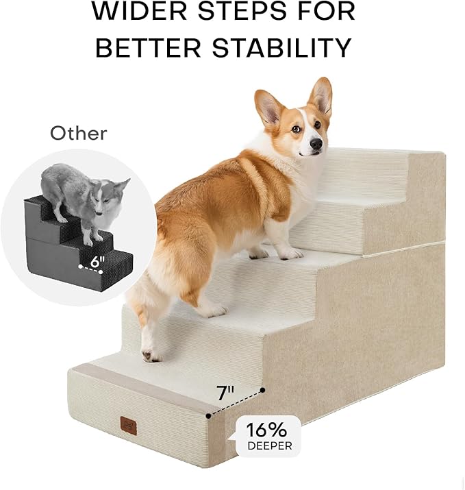 Dog Stairs for High Bed, Dog Steps for Bed Couch Sofa, 35D Foam Extra Wide Pet Steps for Small Dogs and Cats, Pet Stairs with Non-Slip Bottom Beige, 5 Steps-PurrikoPets