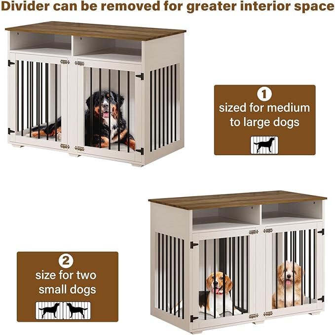 Furniture Dog Crate for 2 Dogs, 41 Inch Dog Kennel Furniture with Removable Divider and Shelf Storage, Wooden Dog Crate for Small/Medium Dogs, White-PurrikoPets