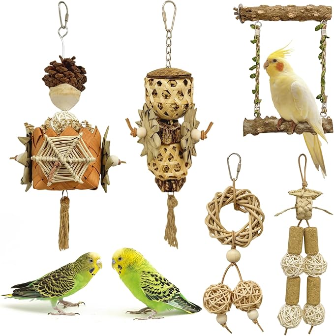 5-Pack Natural Hanging Basket Bird Toys – Foraging & Chewing Toys for Parakeets, Cockatiels, Conures & Small Birds – No Plastic, All-Natural Materials-PurrikoPets
