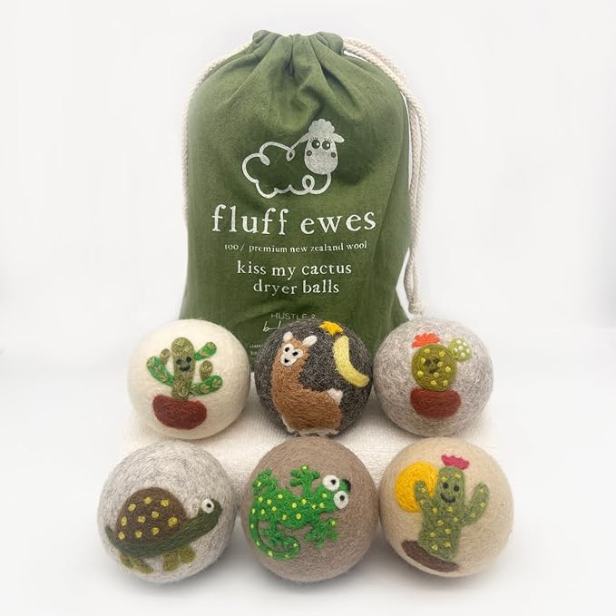 Fluff Ewes Wool Dryer Balls 6 Pack Premium New Zealand Wool Laundry Balls for Dryer, No Static Dryer Balls Laundry Reusable, XL Wool Dryer Balls Cute, Baby Dryer Balls for Dryers - Kiss My Cactus-PurrikoPets
