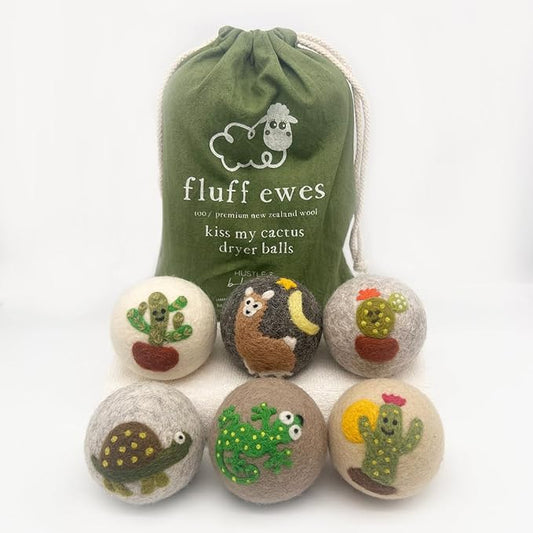 Fluff Ewes Wool Dryer Balls 6 Pack Premium New Zealand Wool Laundry Balls for Dryer, No Static Dryer Balls Laundry Reusable, XL Wool Dryer Balls Cute, Baby Dryer Balls for Dryers - Kiss My Cactus-PurrikoPets