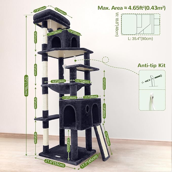 Globlazer Heavy Duty Cat Tree, 70 inch Sturdy Cat Tree for Indoor Cats Extra Large Cat Tower with Scratching Post, Hammock, Cat Condo for Adult Cats Kittens, F70 Pro, Dark Grey-PurrikoPets