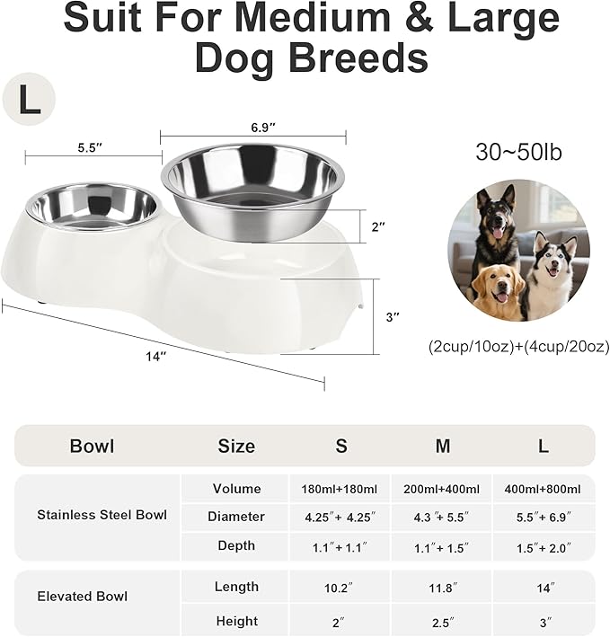 Elevated Dog Bowls Set - Non-Slip Raised Pet Feeder with Medium (10 oz) & Large (20 oz) Stainless Steel Bowls - Includes Durable Resin Stand for Puppies, Adult Dogs & Cats - White-PurrikoPets