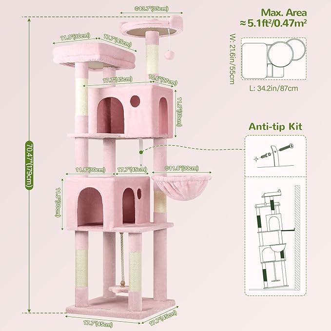 Globlazer Pink Cat Tree, 70 inch Tall Scratching Tower Multi-Level Cat Condo for Indoor Multiple Cats with 2 Large Cat Caves, Top Perch, Large Platform, Bottom Swing, F70B, Pink-PurrikoPets