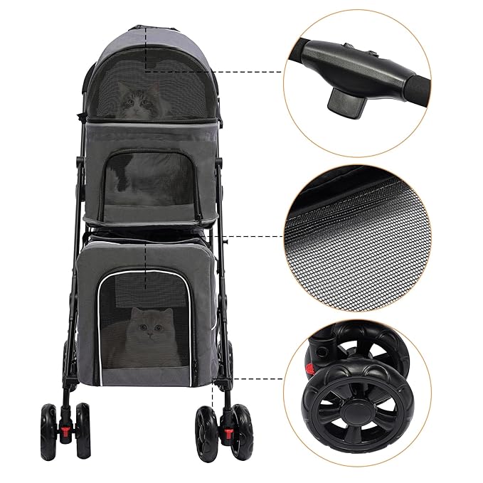 2 Tiers Pet Stroller,4 Wheel Dog Stroller Cat Strollers,3.07lbs Pet Gear Foldable Jogger Travel Cart,Grey Cat Carrying Cart with Storage Basket for Small Medium Pet (Grey)-PurrikoPets
