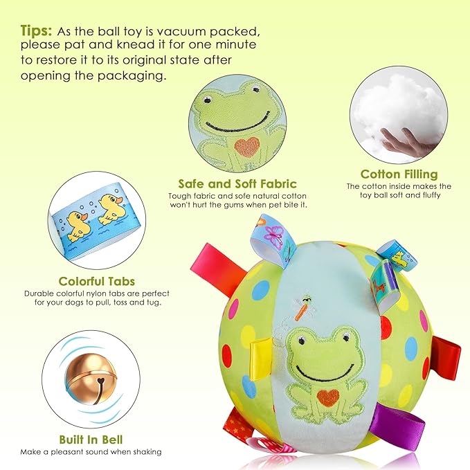 Dog Squeaky Plush Toy with Straps, 6-Inch Soft Stuffed Ball with Cotton Material and Bell Built-in, Pet Interactive Fetch Toy for Small to Large Dog-PurrikoPets