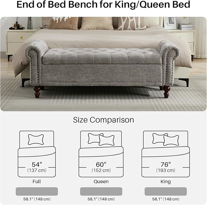 58.1'' Storage Bench Upholstered Chenille End of Bedroom Bed Bench Ottoman with Tufted Cushioned Rolled Arm Large Storage Space for Reading Living Room Entryway, Light Grey-PurrikoPets