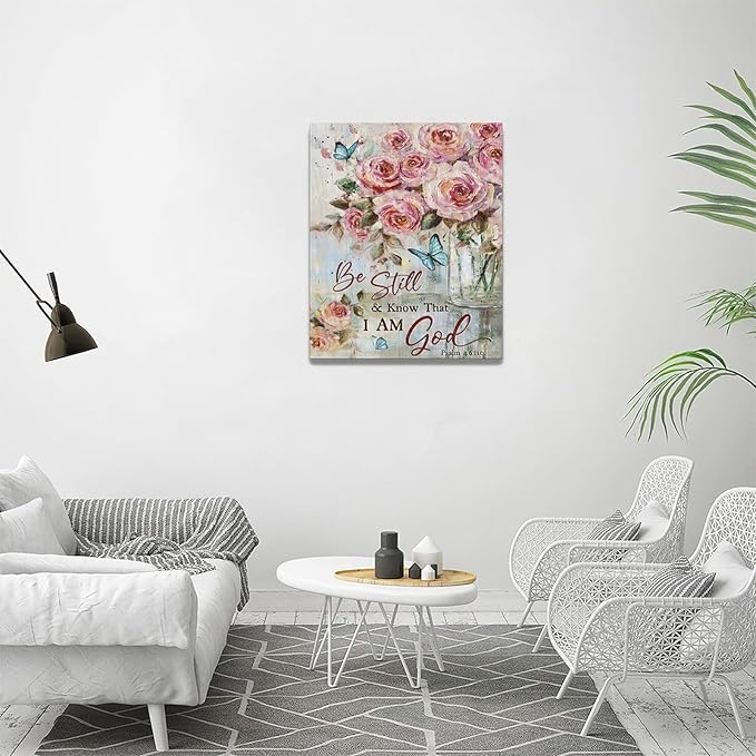 Farmhouse Rose Wall Art Christian Scripture Pictures Pink Rose Wall Decor Rustic Floral Butterfly Canvas Print Painting Artwork for Bathroom Living Room Bedroom 16"x20"-PurrikoPets