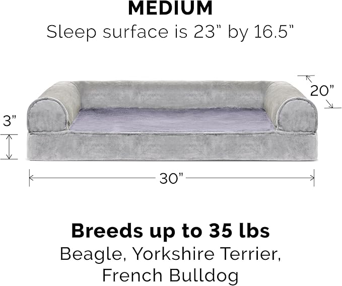 Furhaven Cooling Gel Dog Bed for Medium/Small Dogs w/ Removable Bolsters & Washable Cover, For Dogs Up to 35 lbs - Faux Fur & Velvet Sofa - Smoke Gray, Medium-PurrikoPets