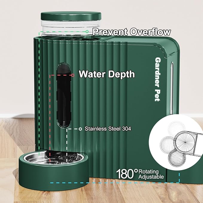 Gardner Pet Automatic Gravity Pet Feeder, 0.8 Gallons*2 Dog Feeder and Water Dispenser Set 100% BPA-Free, 2-in-1 Gravity Feeder with Stainless Steel Bowl for Dogs, Cats, Rabbits, Puppies (Green)-PurrikoPets