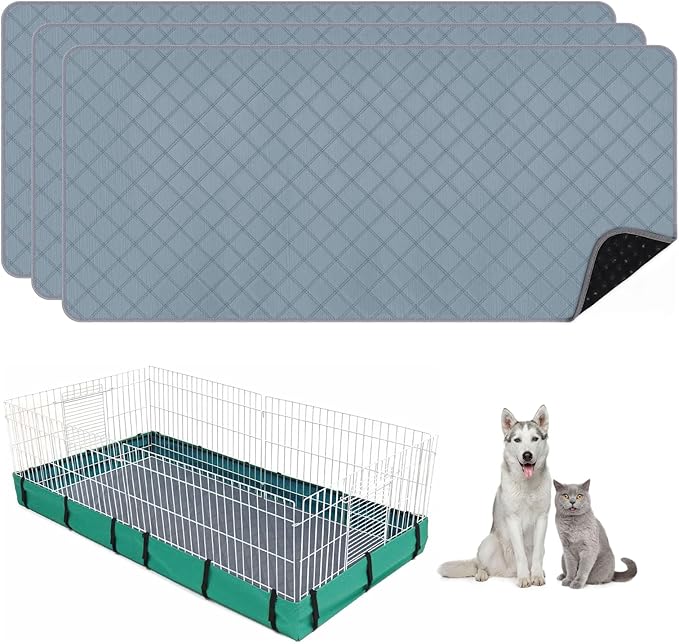 3 Packs Washable Guinea Pig Cage Liners, Waterproof Guinea Pig Pee Pads Reusable Absorbent Bedding Anti Slip Mats for Small Animals Bunny Rabbit Hamster (47 x 24in)-PurrikoPets