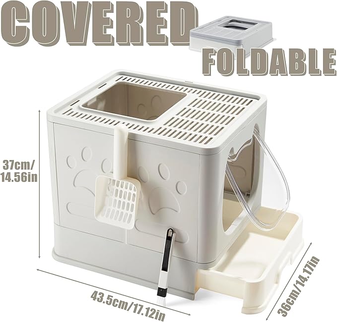 Gefryco Litter Box with Lid for Small to Medium Cats, Enclosed Cat Litter Box with Cover，High Sided Top Entry Cat Box with Brush and Scoop, Cute Kitty Litter Pan with Drawer for Growing Kittens(Grey)-PurrikoPets