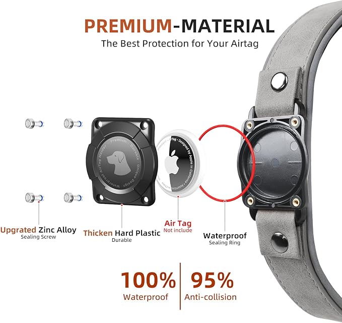 AirTag Dog Collar - Leather Dog Collar with Air Tag Holder | IPX8 Waterproof, Reflective, High - End, Adjustable Soft Padded | Dog GPS Tracker Collars Fit for Medium Large Dogs (Grey, M)-PurrikoPets